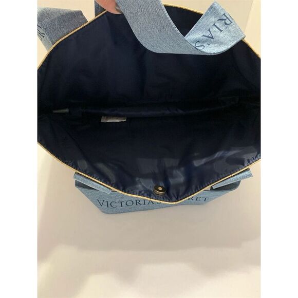 Victoria's Secret Large Weekender Straw Beach Tote Bag Blue Logo Travel Bag - Picture 5 of 9